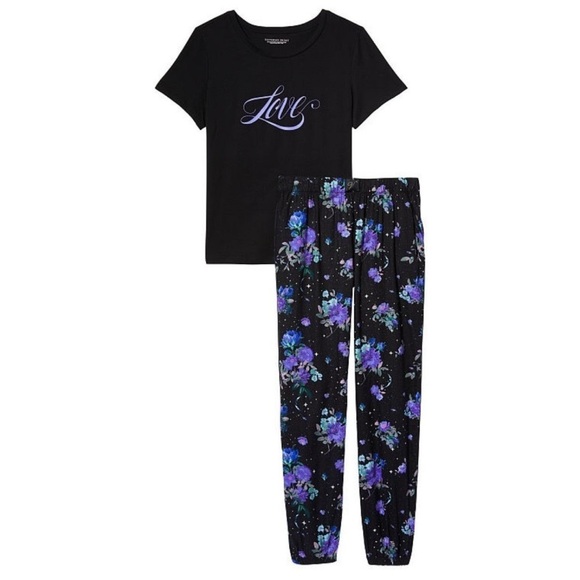 VICTORIA'S SECRET Sz M Flannel Jogger Tee-Jama - Black Celestial Floral
